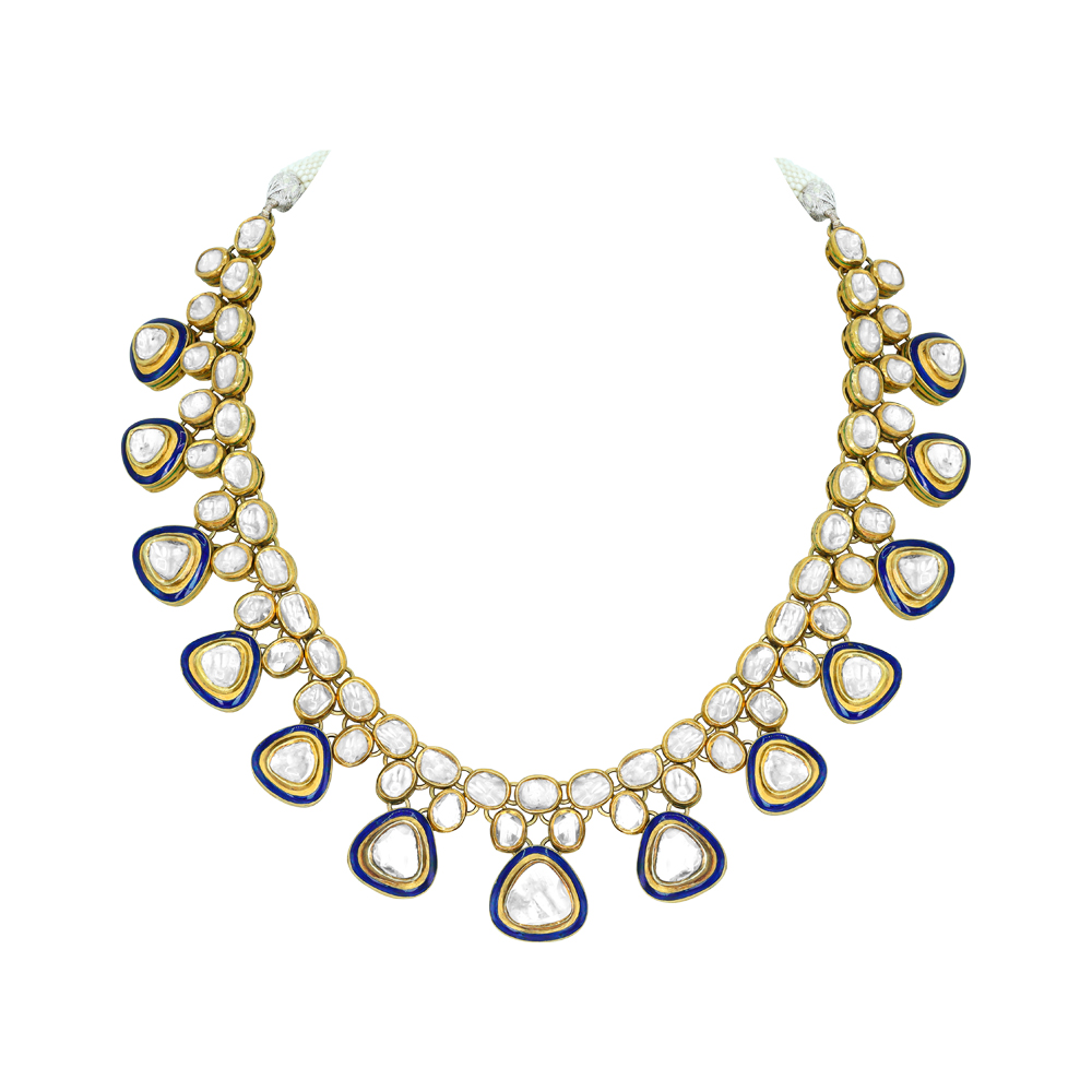 Triangle Polki Necklace with Blue Enamel